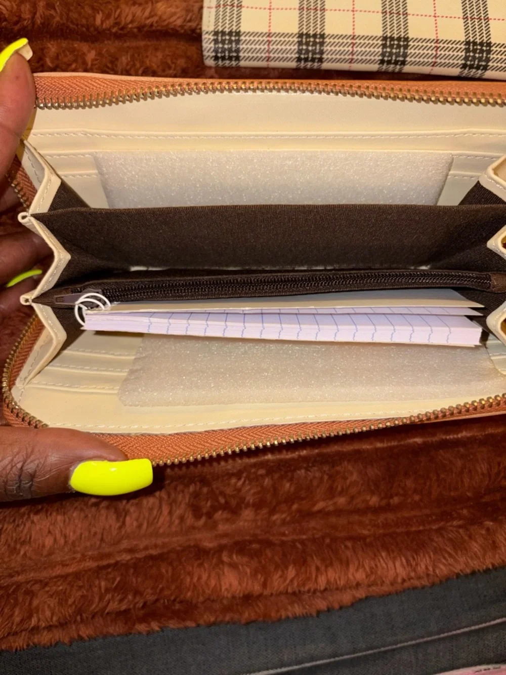 Woven Leather Zip-Around Wallet in Tan and Plaid